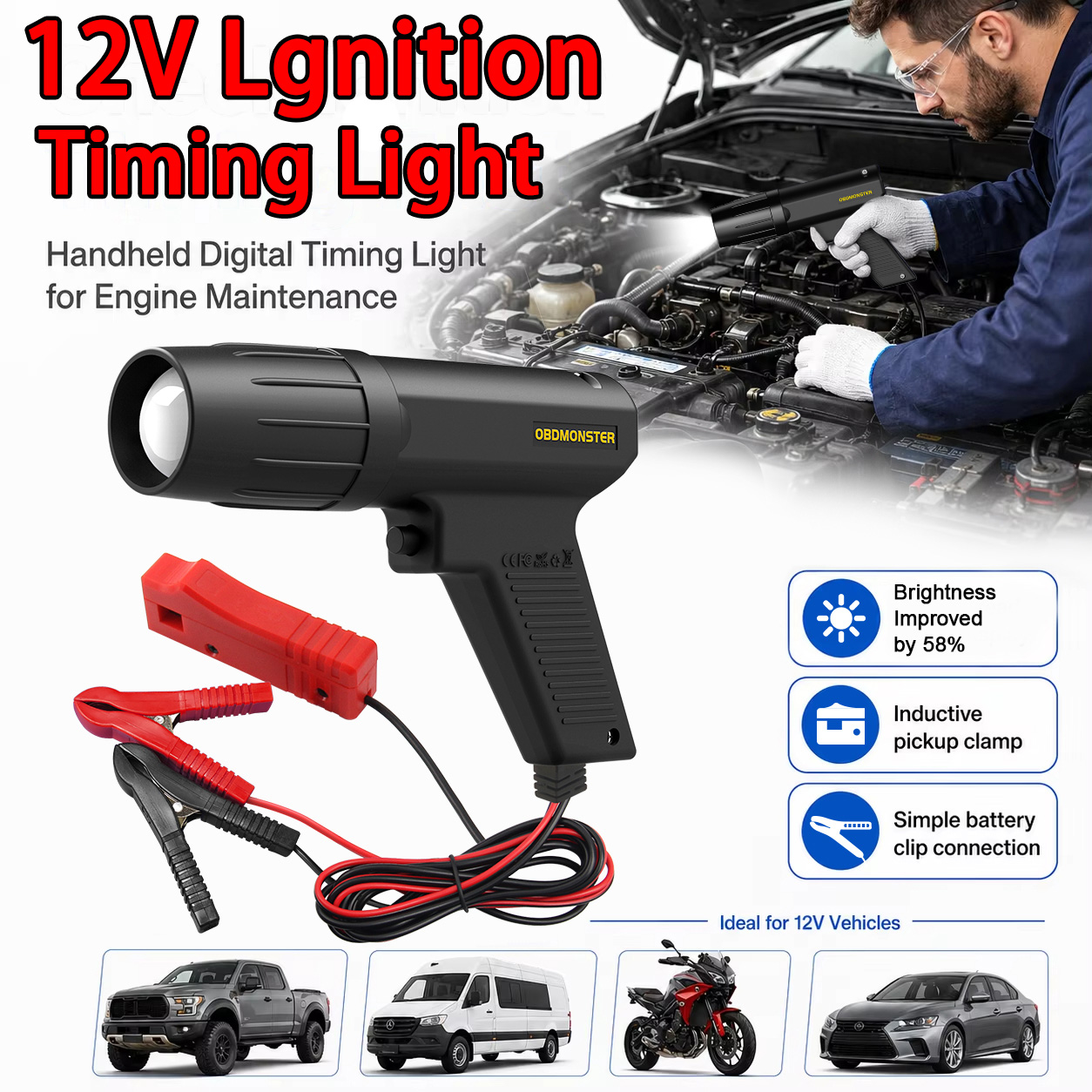 Timing Light Gun - ไฟจับเวลาจุดระเบิดแบบเหนี่ยวนำ 12V สำหรับรถยนต์ รถจักรยานยนต์ เครื่องยนต์เบนซิน ไฟสโตรบจับเวลาจุดระเบิด